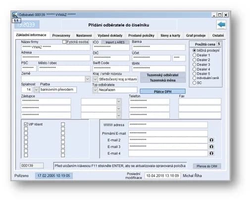 Výsledek výmazu záznamu z číselníku odběratelů / dodavatelů
